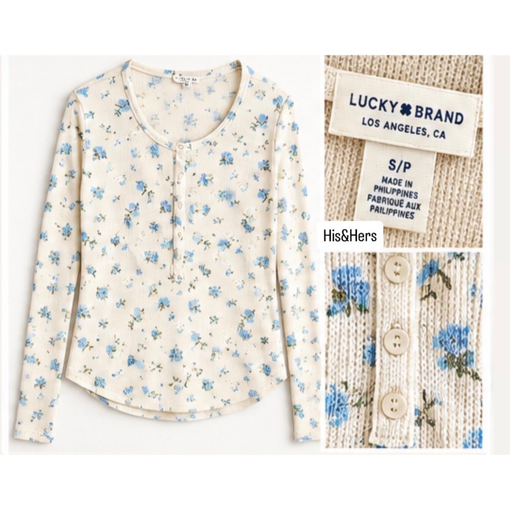 Lucky Brand Floral Waffle Knit Henley Top White Blue Scoop Neck Size Small